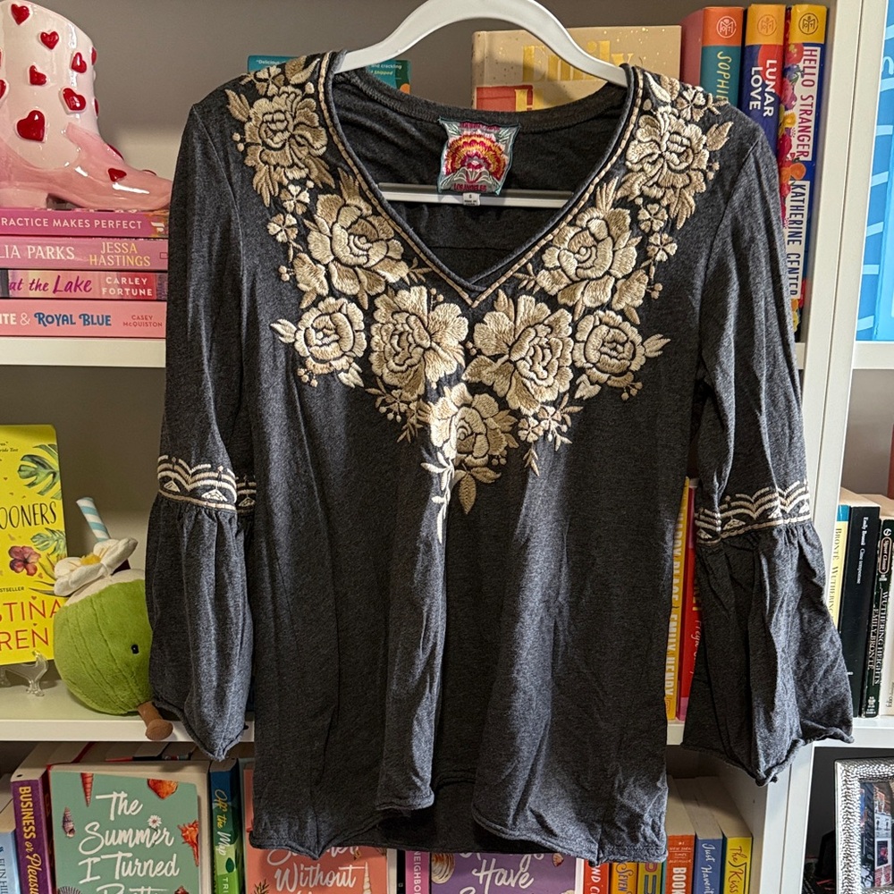 Johnny Was Charcoal Blouse with Floral Embroidery